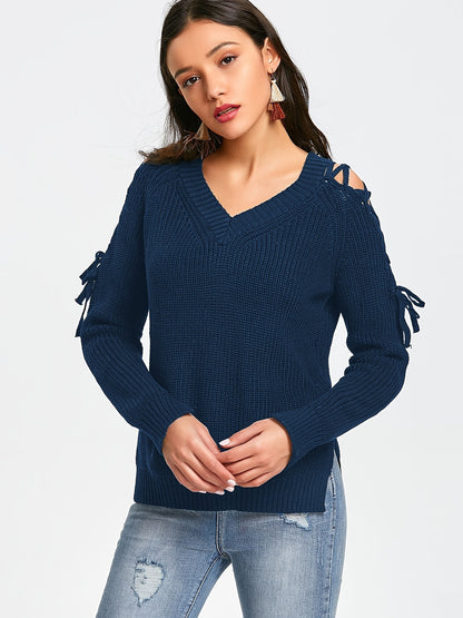 Hollow Knit Sweater Women Long Sleeve Tie Loose V-neck