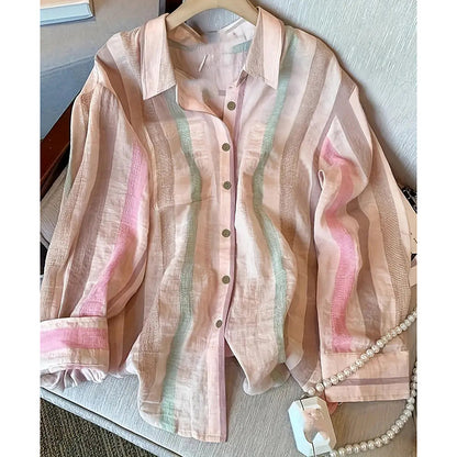 Womens Button Down Shirts Stylish Striped Long Sleeve Collared Office Work Blouses Tops