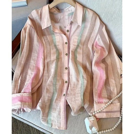 Womens Button Down Shirts Stylish Striped Long Sleeve Collared Office Work Blouses Tops