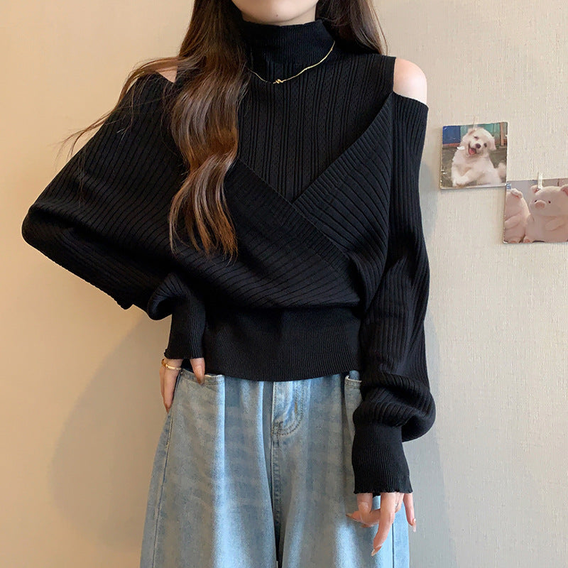Spliced Long-sleeved Off-shoulder Knitted Slim-fit Semi-high Neck Sweater