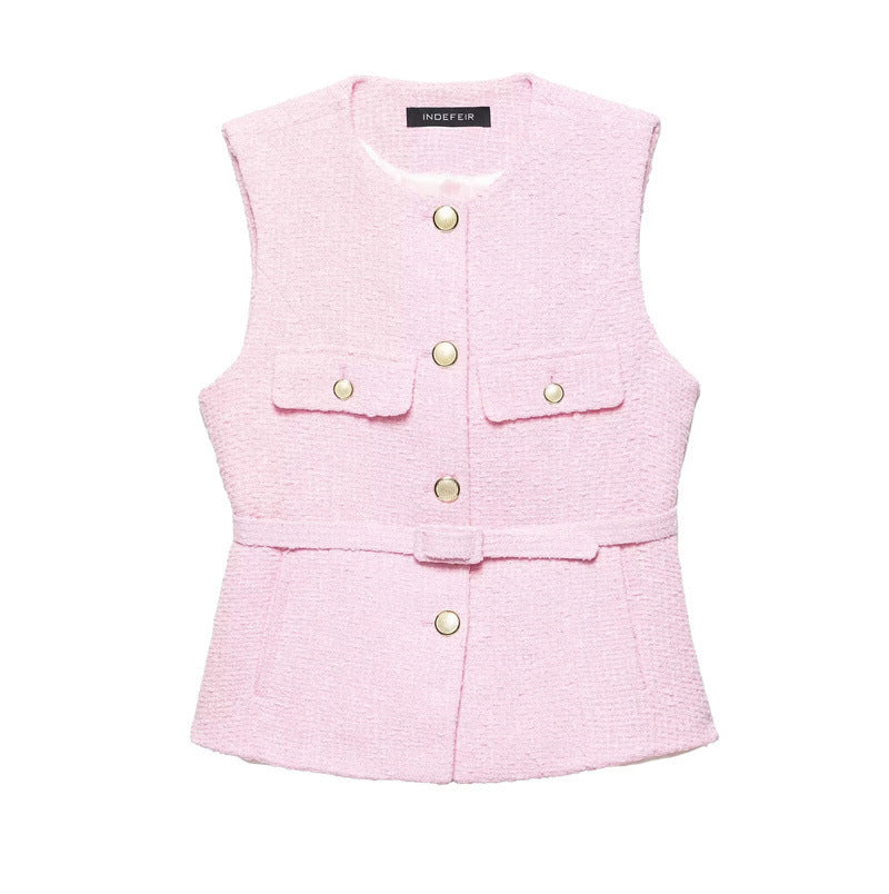Spring New Casual Belt Vest Women's Clothing With Belt Texture Vest