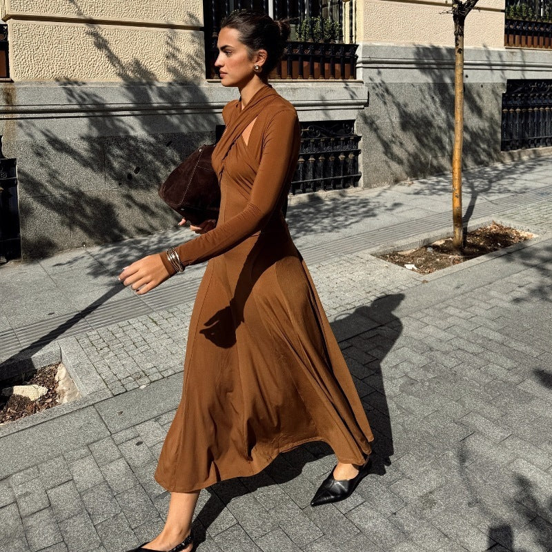 Fashion Slim Fit Pure Color Halter Long Sleeve Dress