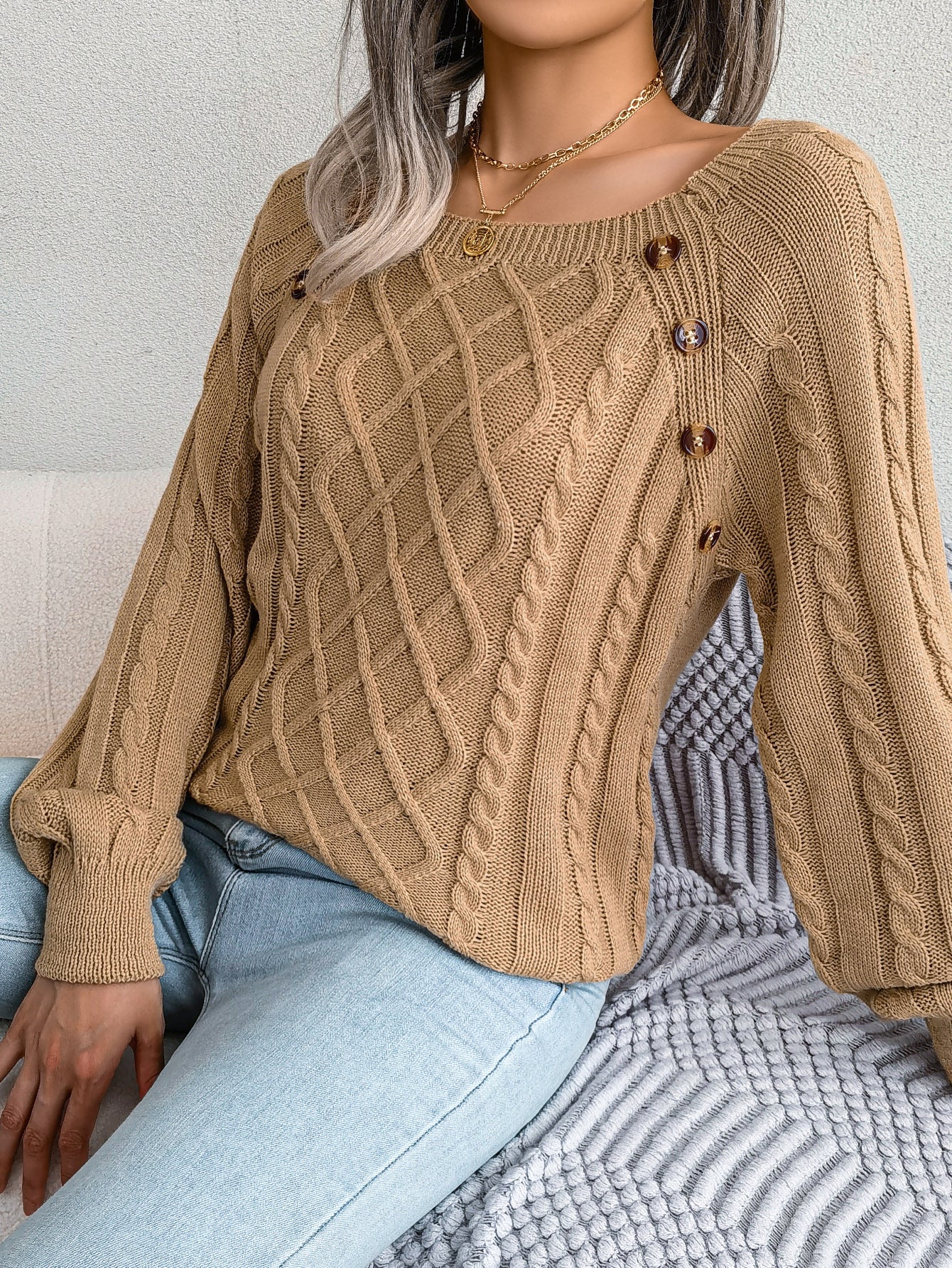 Casual Square Neck Buttoned Cable Knit Pullover Sweater