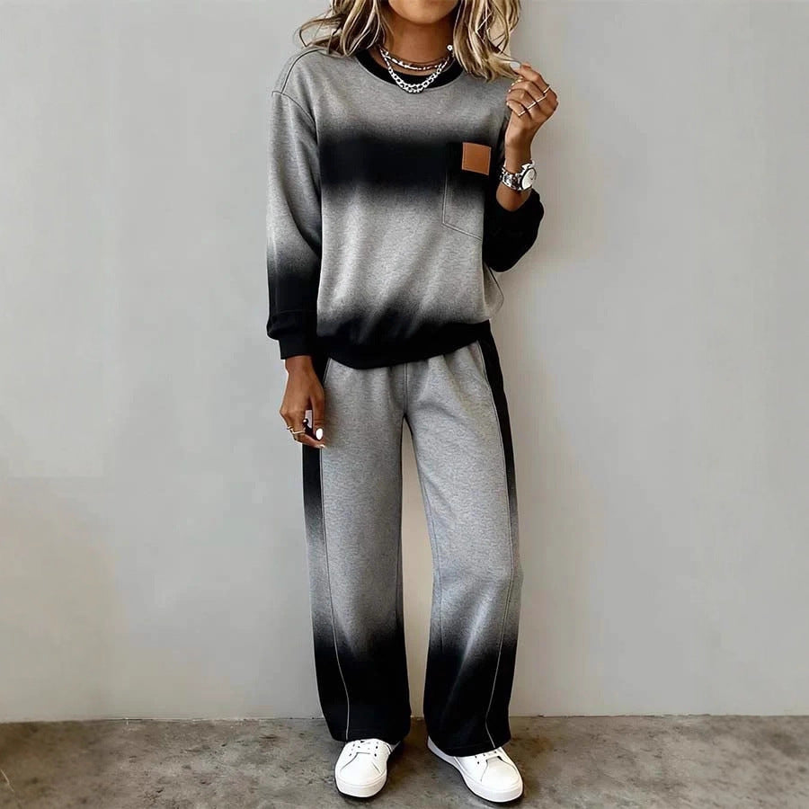 Women's Top With Slit Long Sleeve Round Neck Casual Solid Color Set