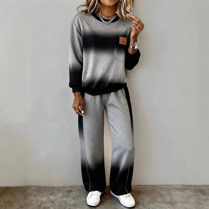 Women's Top With Slit Long Sleeve Round Neck Casual Solid Color Set