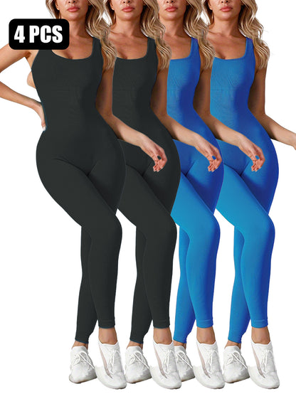 4 Pack Women's Square Neck Tank Shaping Jumpsuit - Ribbed, Tummy Control & Butt Lifting