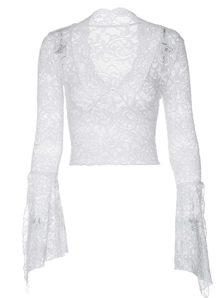 Sexy Deep V Neck Slim Fit Cropped Long Sleeve Blouse With Lace Trim - Floral Print Women's Tops For Fashionable Outfits