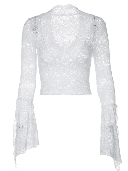 Sexy Deep V Neck Slim Fit Cropped Long Sleeve Blouse With Lace Trim - Floral Print Women's Tops For Fashionable Outfits