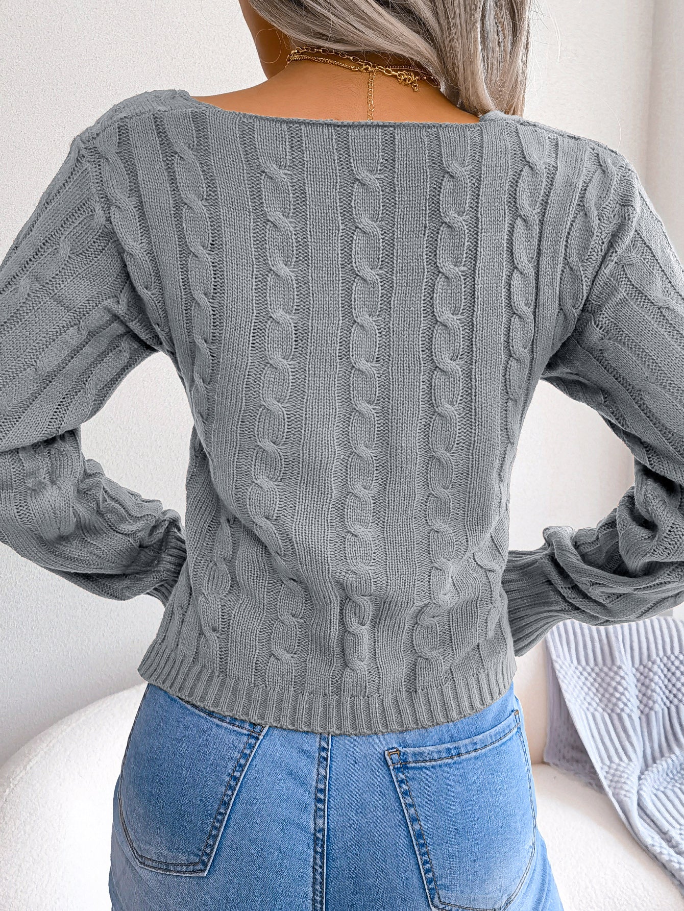 Women Sexy Cross V-Neck Cable Knit Long Sleeve Cropped Sweater