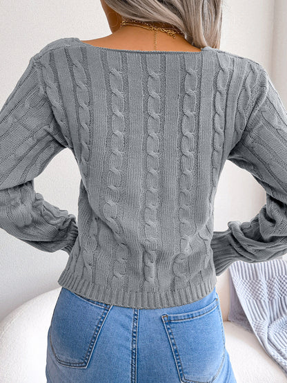 Women Sexy Cross V-Neck Cable Knit Long Sleeve Cropped Sweater