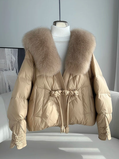 Polyester Women's Loose Thick Cotton Coat With Fur Collar
