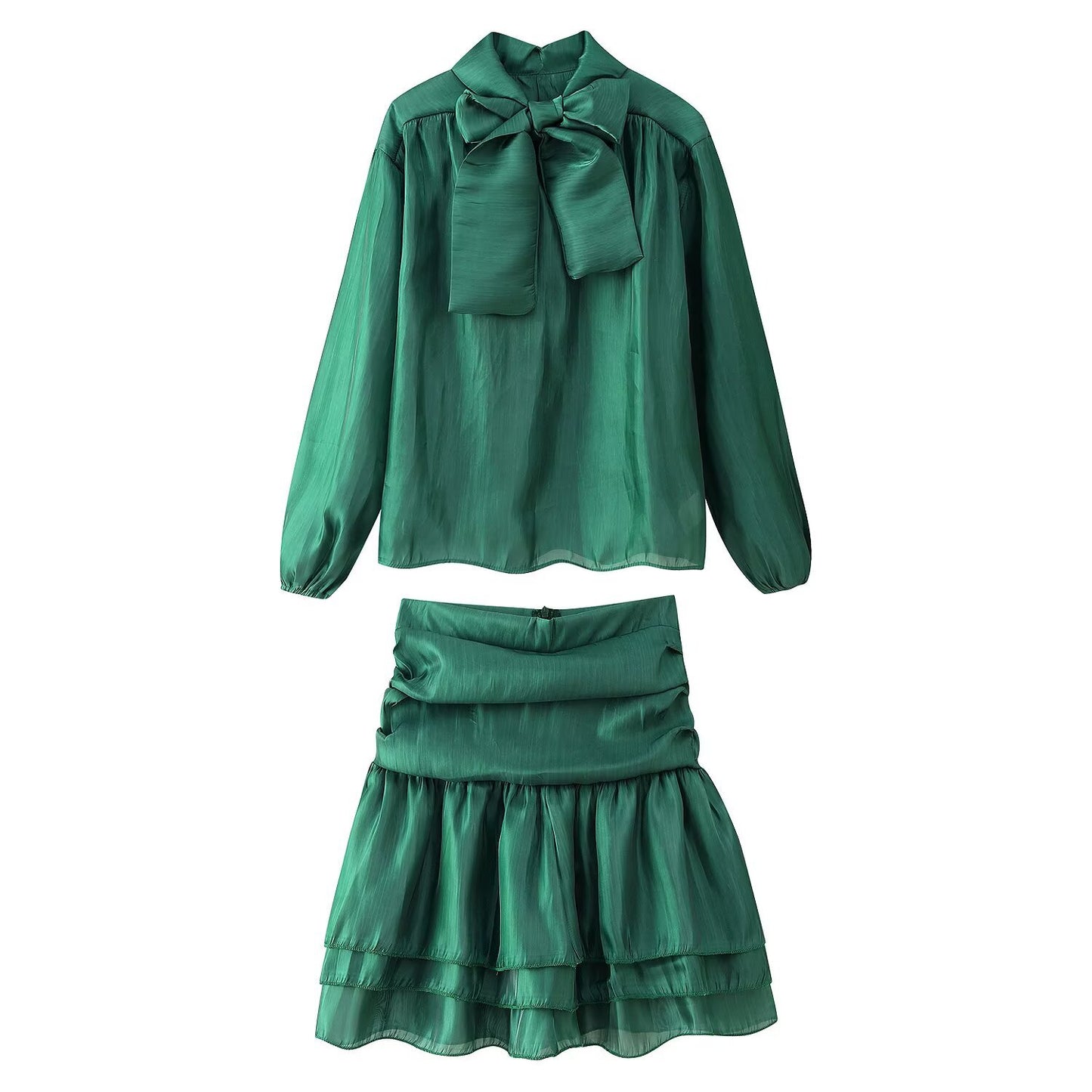 Women's Bow Tie Belted Shirt Top High Waist Shirred Skirt Two-Piece Set