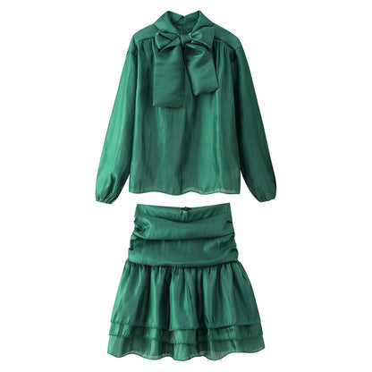 Women's Bow Tie Belted Shirt Top High Waist Shirred Skirt Two-Piece Set