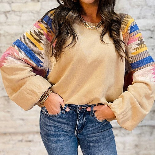 Women's Color Matching Printed Loose Long Sleeves Top