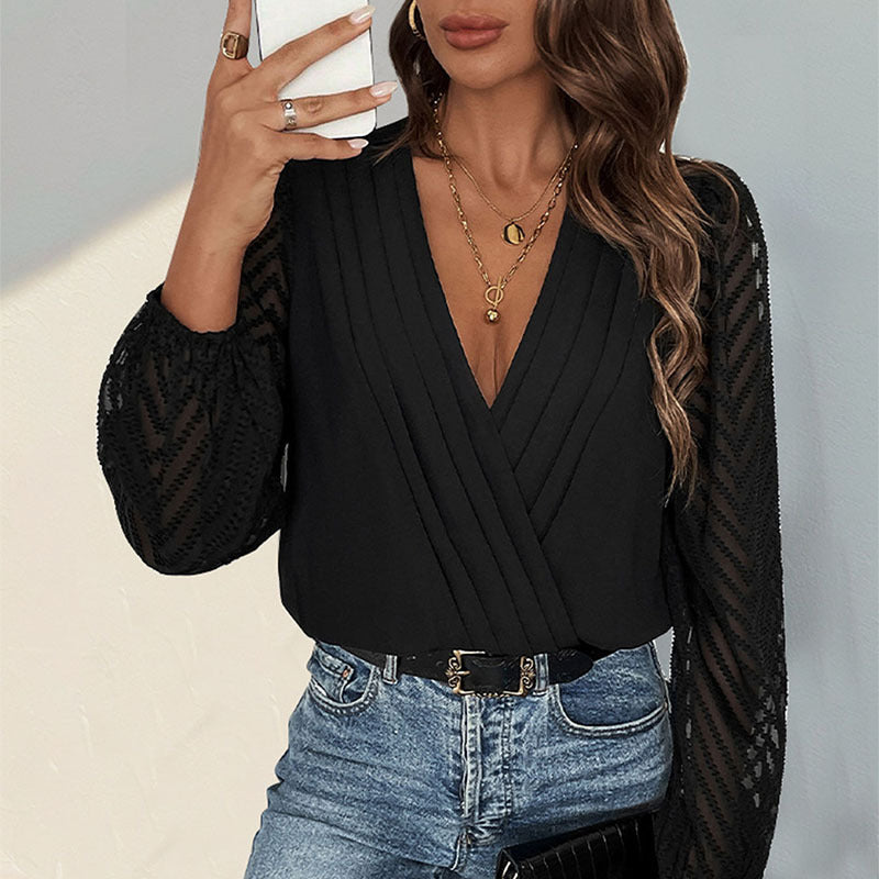 All-matching Solid Color And V-neck Pleated Lace See-through Long-sleeved Jumpsuit