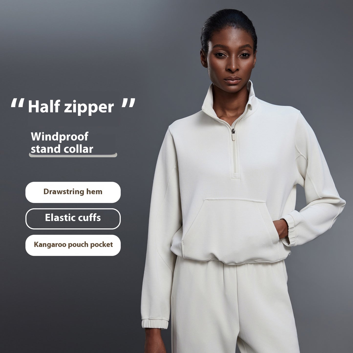 Half Zipped Stand Collar Short Sports Casual Loose Shoulder Long-sleeved Sweater