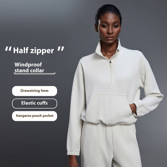 Half Zipped Stand Collar Short Sports Casual Loose Shoulder Long-sleeved Sweater