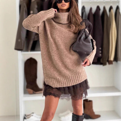 Women's Two-piece Set With Knitted Top And Lace-trimmed Dress