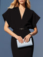 Elegant Classic V-neck Slim-fit Mid-length With Belt Dress