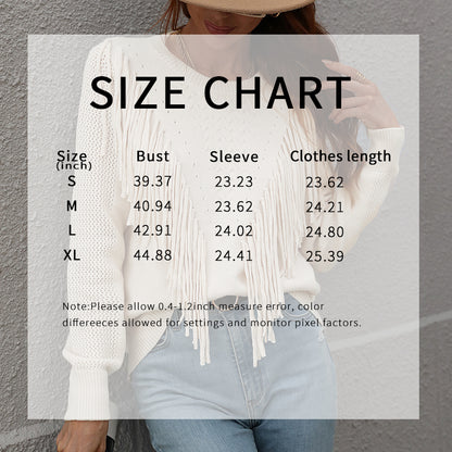 Women's Fringe Tassel Sweater - Casual Long Sleeve Crewneck Knit Pullover For Fall