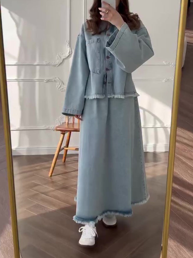 Light Blue Denim Jacket And Maxi Skirt Set