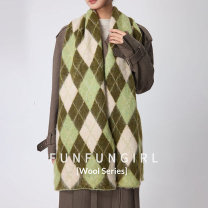 Diamond Pattern Retro Scarf With Wool Neck Warmer