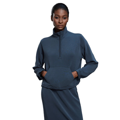 Half Zipped Stand Collar Short Sports Casual Loose Shoulder Long-sleeved Sweater