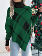 Casual Color Block Plaid High Neck Long Sleeve Poncho Sweater