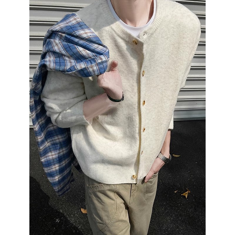 Creamy-white Breasted Knitted Cardigan For Men