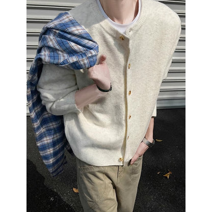 Creamy-white Breasted Knitted Cardigan For Men