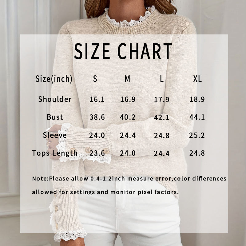 Women's Lace Trim Mock Neck Sweater - Cozy Fall Pullover With Elegant Button Detail