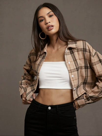 European And American Women's Clothing Short Long Sleeve Plaid Cropped Hot Girl Lapel Shirt