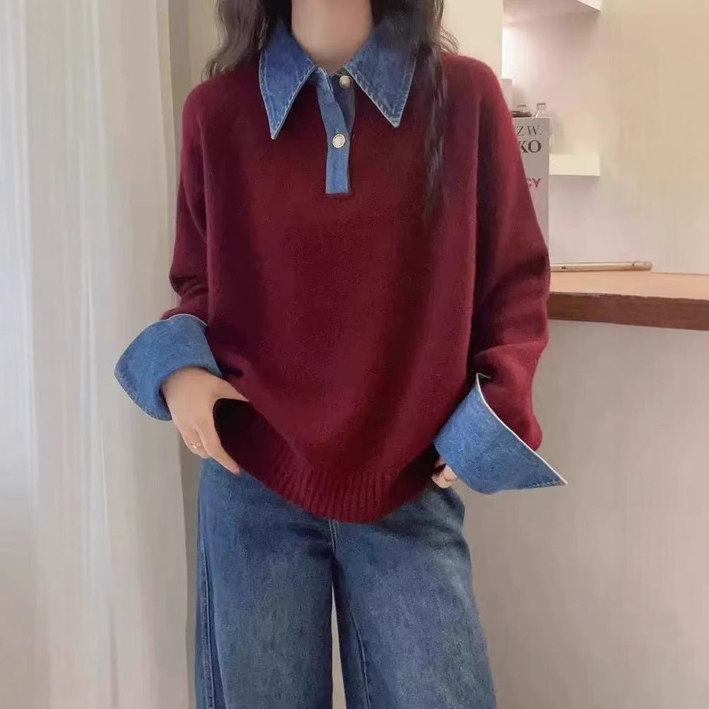 Simple Versatile Stand Collar Denim Stitching Loose Temperament Lazy Top