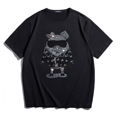 Fashion Personality Hot Diamond Plus Fat Short-Sleeved T-shirt Men