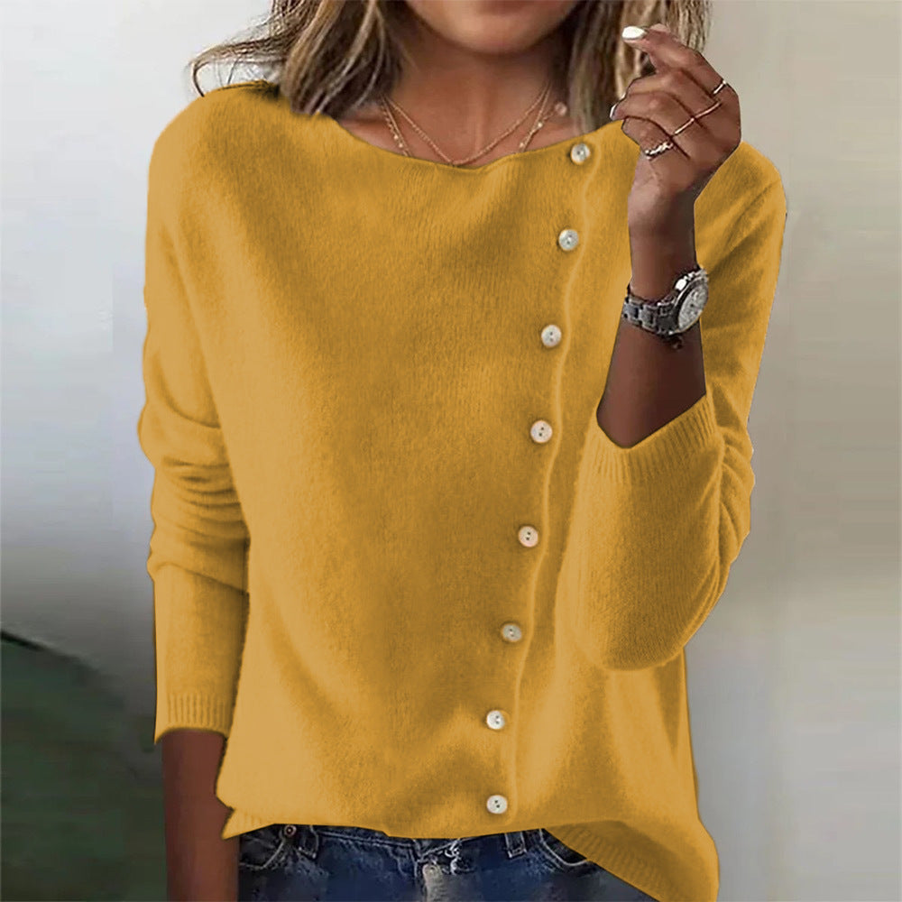 Round Neck Long Sleeve Button Sweater New Women