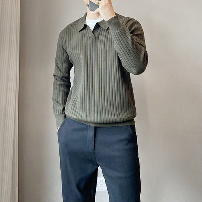 Lightly Mature Spring And Autumn Stripes Lapel Boys Texture Loose Elastic Knitted Sweater