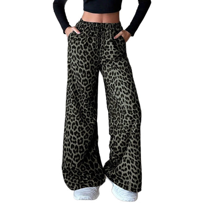 European And American Women's Clothing Satin Casual Pants Fall High Waist Leopard-print