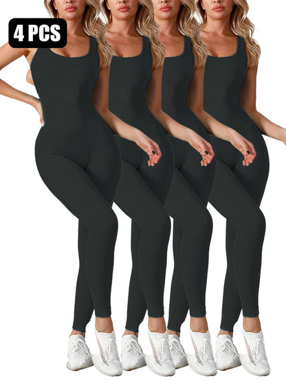 4 Pack Women's Square Neck Tank Shaping Jumpsuit - Ribbed, Tummy Control & Butt Lifting