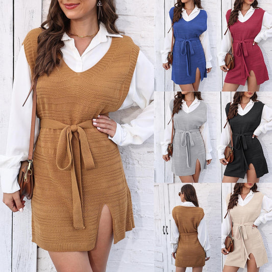 Ladies' Vest Lace-up Split Skirt Woven Sweater