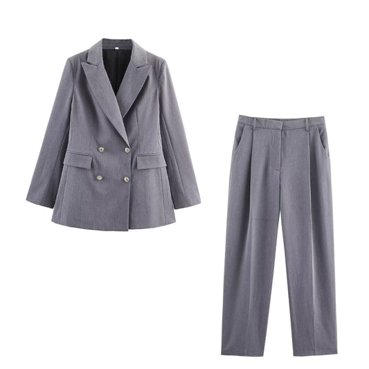 Women's Double-breasted Blazer With Belt Pants