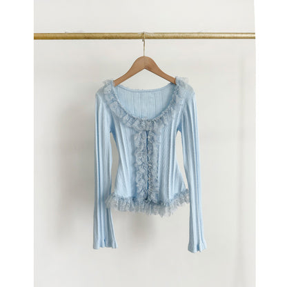 Wooden Ear Lace Stitching U-collar Knitted Top