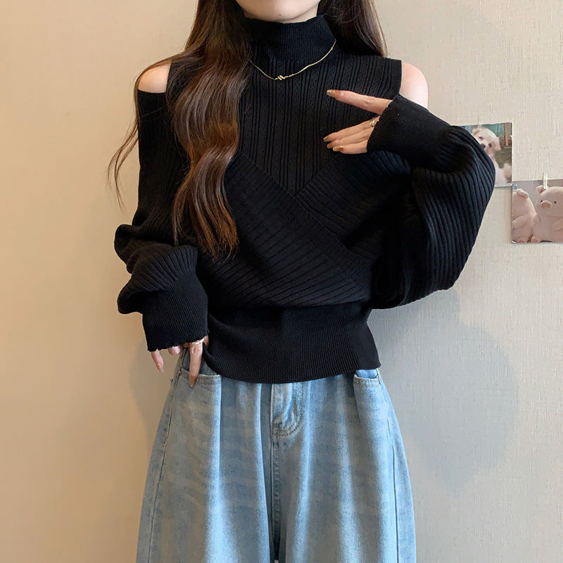 Spliced Long-sleeved Off-shoulder Knitted Slim-fit Semi-high Neck Sweater