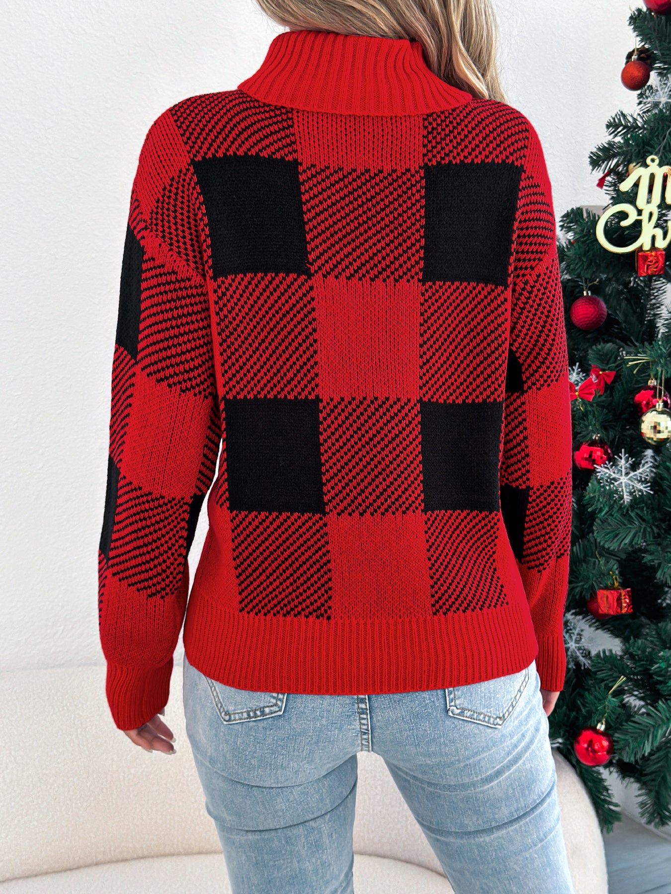 Casual Color Block Plaid Lantern Sleeve High Neck Sweater