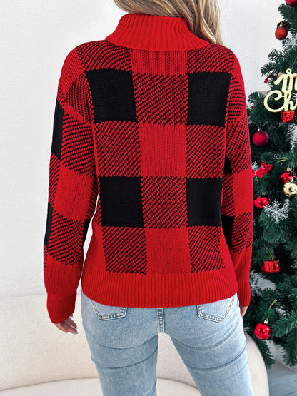 Casual Color Block Plaid Lantern Sleeve High Neck Sweater