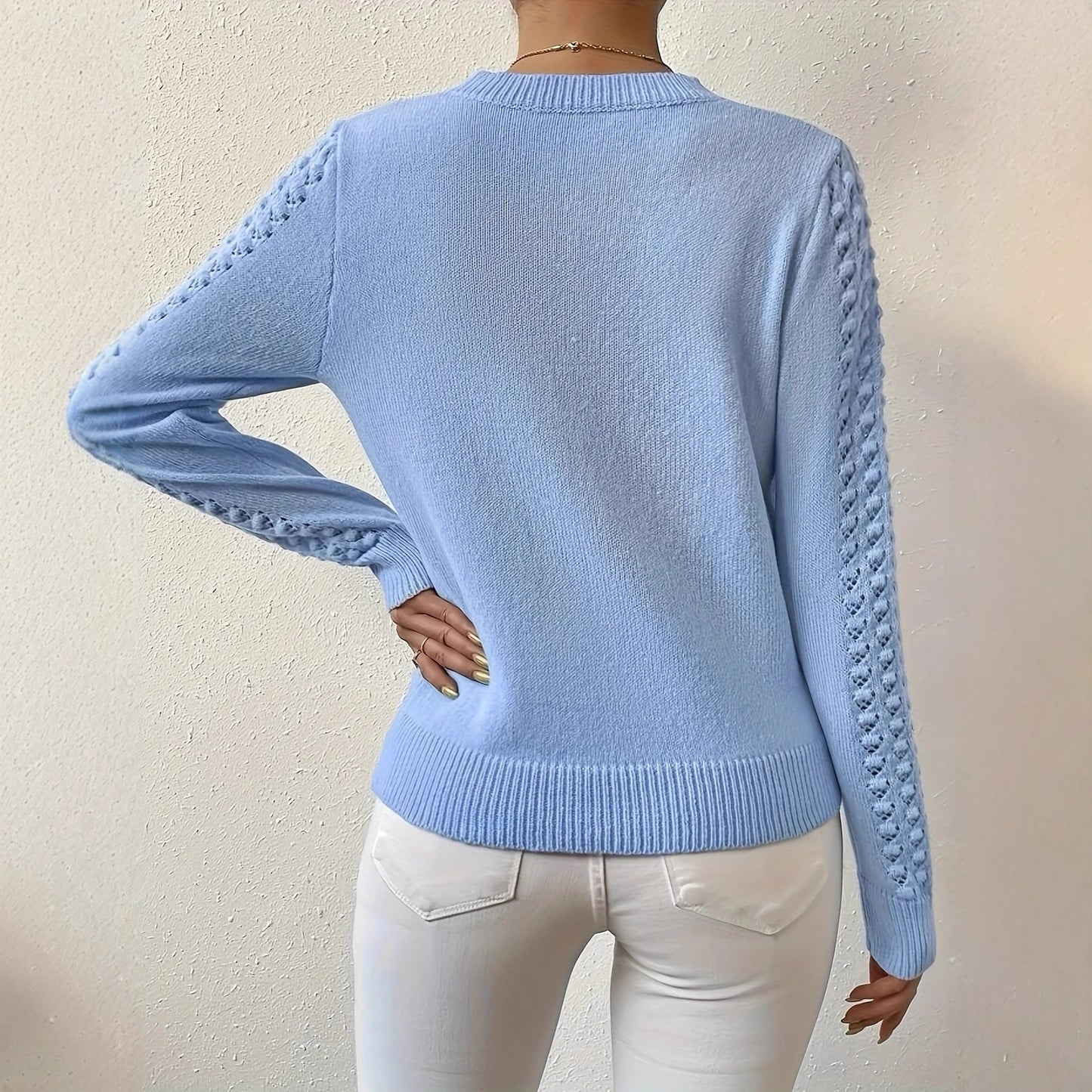 Solid Color Hollow Elegant Round Neck Long Sleeve Sweater