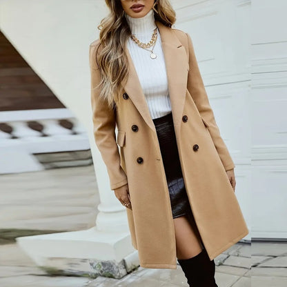 Women's Solid Color Double-Breasted Wool-Like Coat Notch Lapel Long Sleeve Mid-Length Overcoat With Pockets