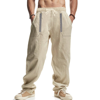 Mens Breathable Loose-fit Wide-leg Casual Linen Pants