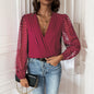 All-matching Solid Color And V-neck Pleated Lace See-through Long-sleeved Jumpsuit