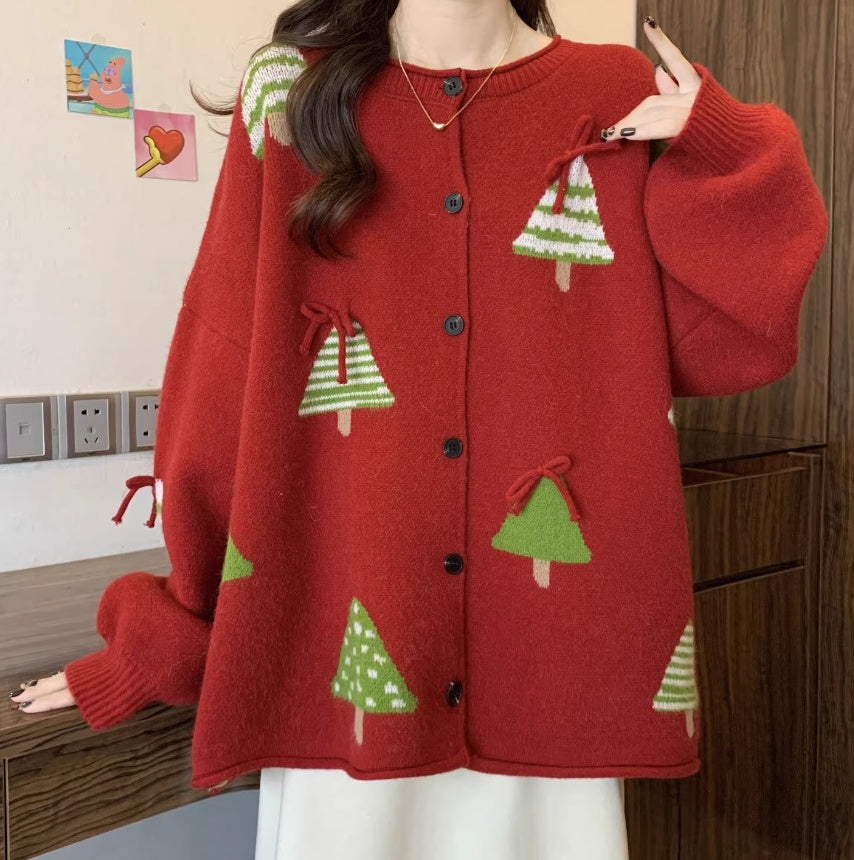Women's Simple And Versatile Christmas Tree Red Sweater Coat