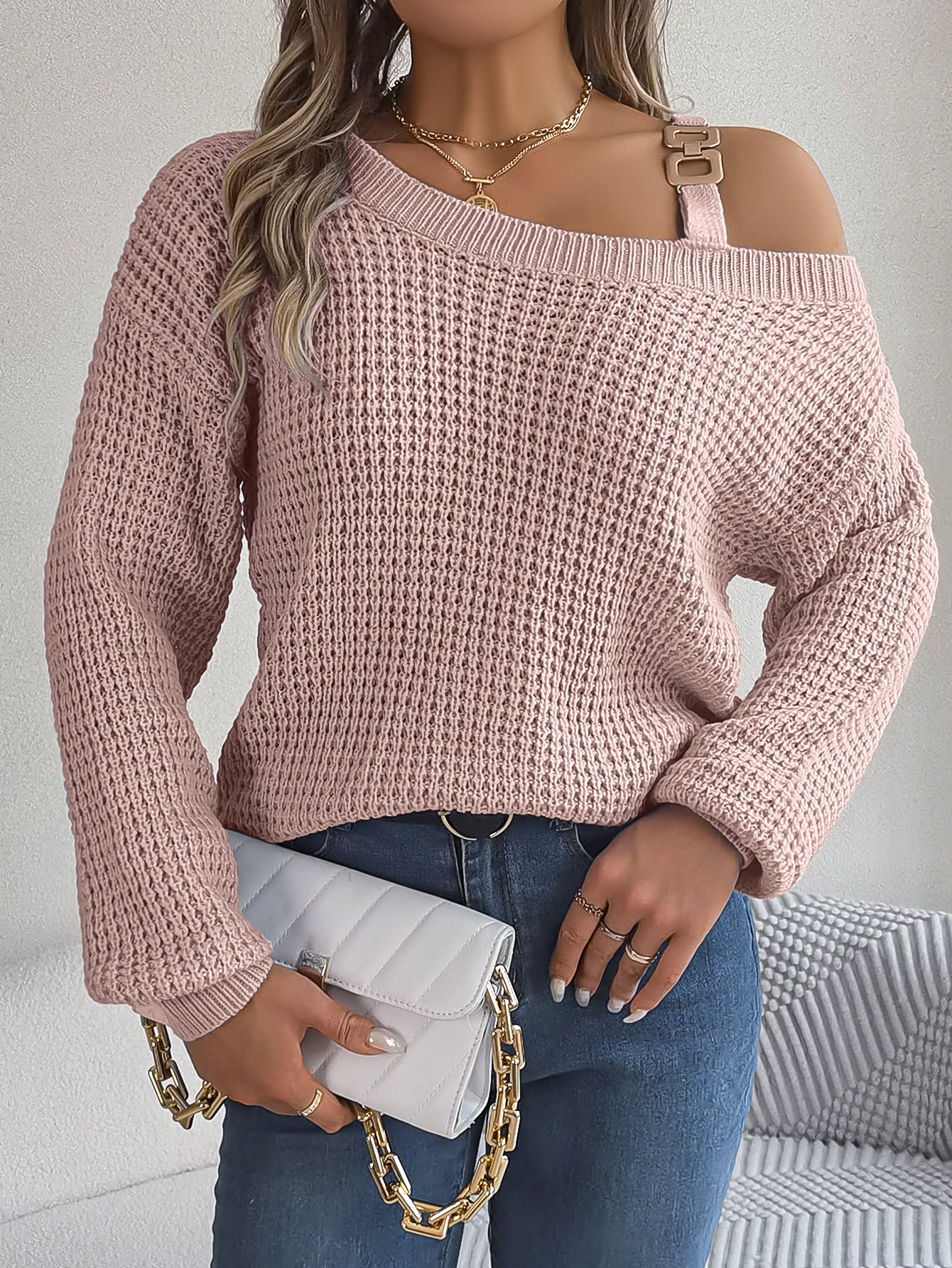 Casual Metal Button Color Block Off-Shoulder Lantern Sleeve Pullover Sweater